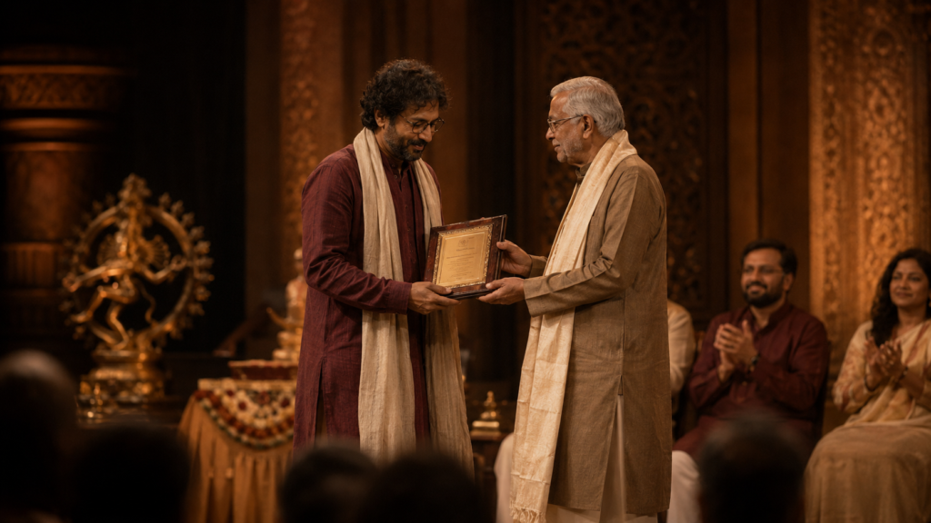 An elder conferring a framed citation on an artist at a ceremony