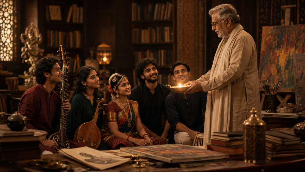 A teacher lighting a lamp before a group of young musicians, dancers and artists